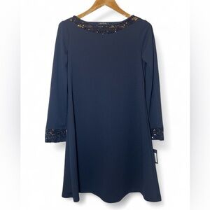 Marina Women 4 Navy Long Sleeve Boat Neck Scuba‎ Crepe Lace Trim Shift Dress